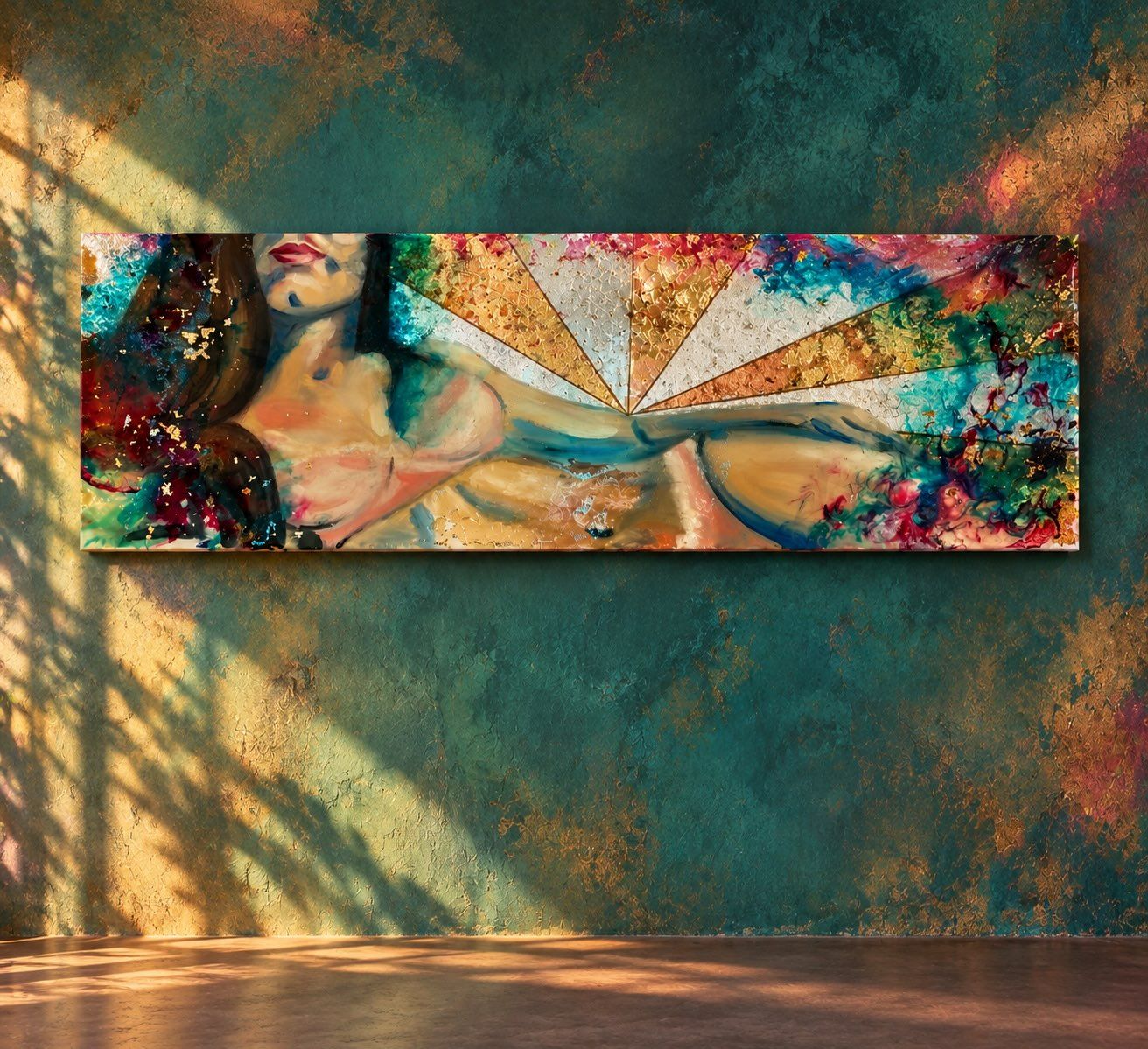 Feminine form in turquoise and jewel tones with gold rays