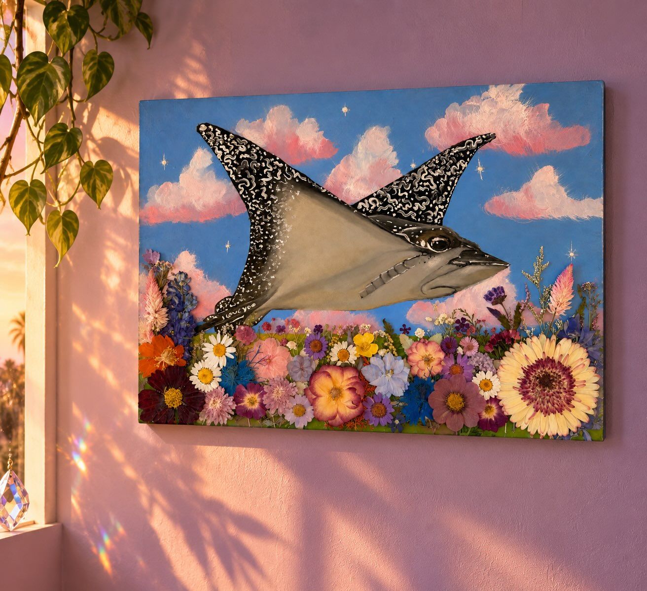 Manta ray floating over pressed flowers