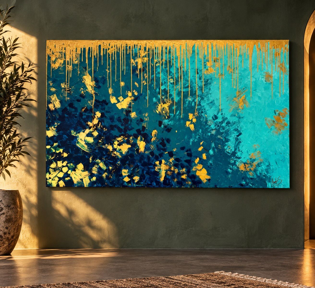 Abstract in turquoise, ocean blue and gold, palette knife texture