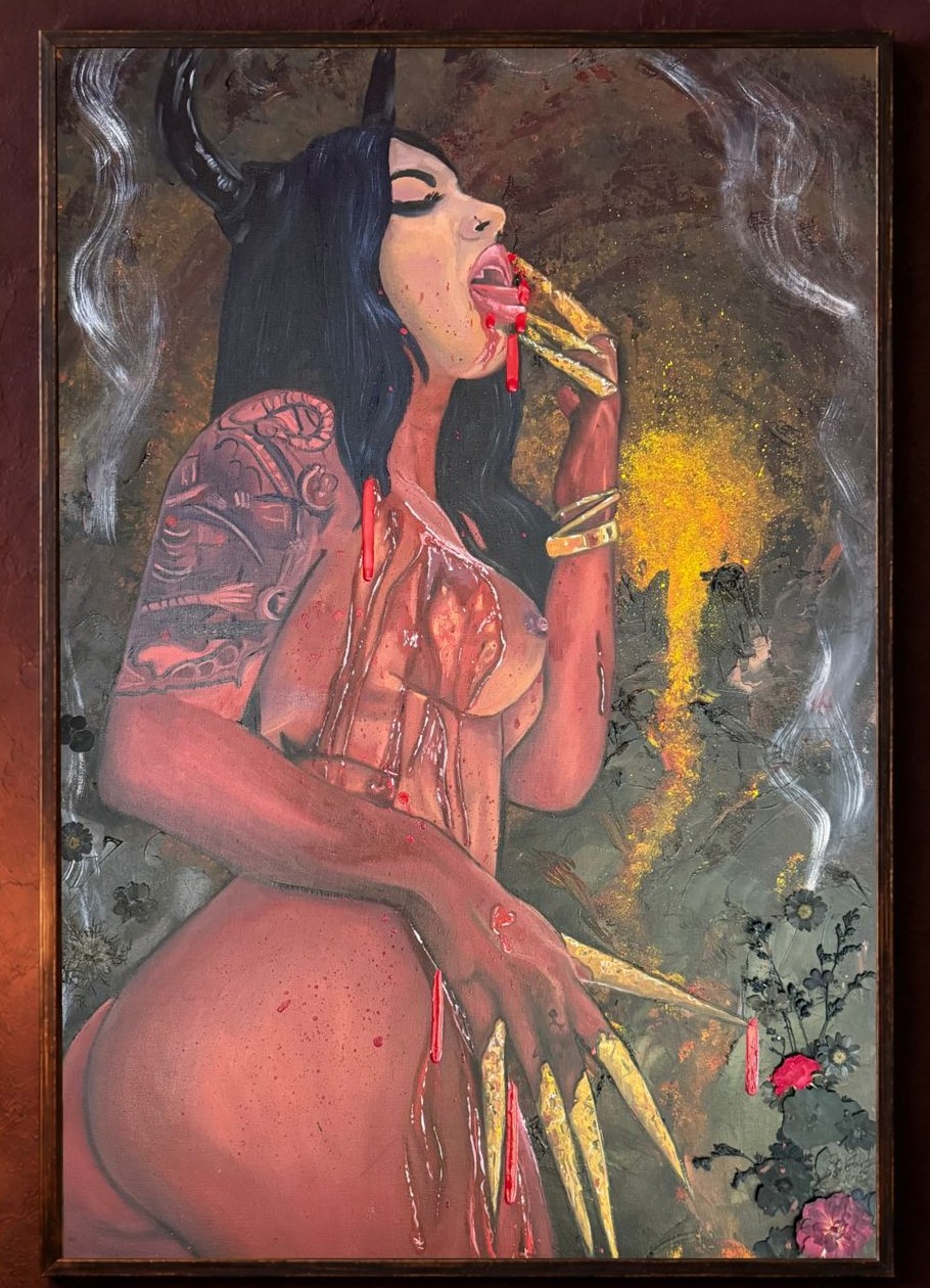 Succubus with horns and gold claws, in red, gold and pressed flowers